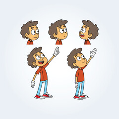 a character illustration of a boy with different facial expressions and a hand gesture