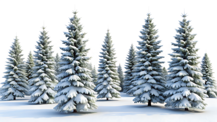 A serene winter landscape featuring a dense forest of snowcovered pine trees standing tall against a bright transparent background