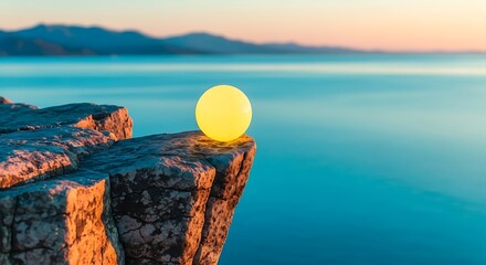Glowing orb perched on rocky cliff overlooking calm water