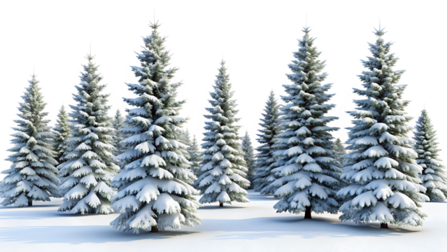 A serene winter landscape featuring a dense forest of snowcovered pine trees standing tall against a bright transparent background