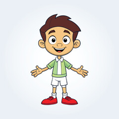 a character illustration of a boy with open arms and wearing a green shirt
