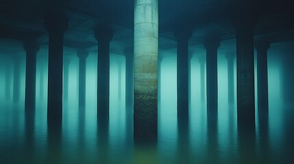 Naklejka premium Recursive concrete colonnade looping into vanishing perspective, eerie cyan ground fog