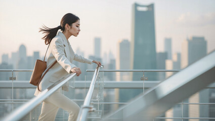 A modern Asian businesswoman walks confidently on a rooftop in a cityscape, a portrait of success.