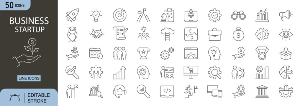 Startup business icons set. Includes icons for innovation, strategy, pitch, funding, growth, team, vision, and entrepreneurship. Line icons. Perfect for infographics.