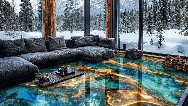 Stunning epoxy floor in a modern log cabin with a mountain view