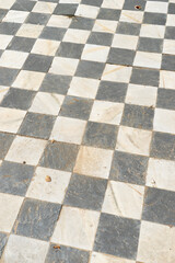 Mosaic floor patterns in the Royal Palace Gardens of La Granja, Spain, showcasing classic design...