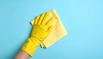 Cleaning hand with cloth, and blue background.