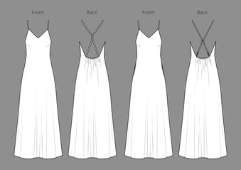 Vector maxi dress with shoulder straps technical drawing, woman V-neck slip dress with opened back fashion CAD, sketch, template, flat. Jersey or woven fabric dress with front, back view, white color