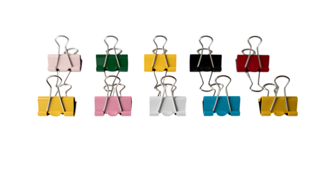 Photo of a neat row of colorful binder clips isolated on transparent background