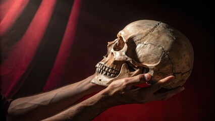 A contemplative moment Hamlet s skull held in caring hands against a dramatic red lit background