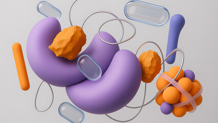 Abstract arrangement of purple and orange shapes with transparent capsules and wire loops on white