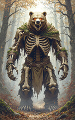skeleton bear towering fantasy monster creature powerful bony frame mythical beast lurking in mystical woods enchanted forest fierce protector of nature haunting and majestic character design for art 