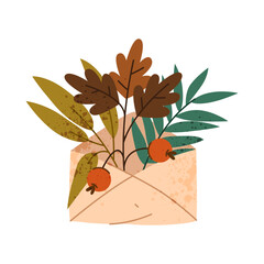 Autumn herbarium plants in envelope. Vector fallen leaf and fall berry in present or mail. Organic and naturalist collection. Floral handmade bouquet. Plant foliage and nature, botany, biology sign.