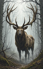 fantasy monster zombie elk massive decaying elk twisted antlers rotting elk haunting presence eerie creature forest setting mythical animal haunting woods supernatural wildlife adventurous fantasy art