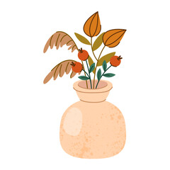Autumn plants in vase vector icon. Seasonal fall foliage with leaf and berry arrangement. Wood or forest foliage, nature interior element. House table decoration or wildlife indoor ornament. Botany.