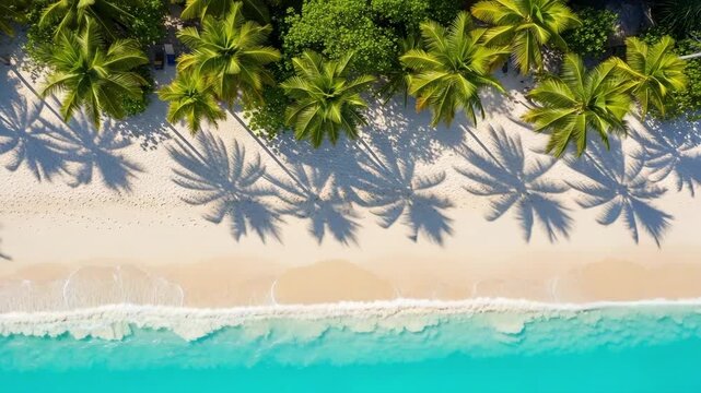 Aerial view of tropical beach paradise with palm trees sand and ocean waves summer vacation travel