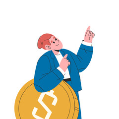 Man and dollar coin. Vector money dream illustration. Financial ambition and success goal, prosperity and wealth, rich motivation. Bank investment symbol. Cash earning and personal income. Finance.