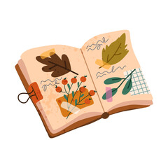 Herbarium book vector icon. Botanical journal or page with autumn leaf, fall plant specimen. Nature documentation and berry collection. Ecology and botany education, biology library, nature archive.