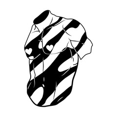 Male sexual torso statue with hearts. Vector muscular body part with romantic element. Sexy man physique chest for love, romance, attraction. Sculpted upper body for human anatomy. Masculinity.