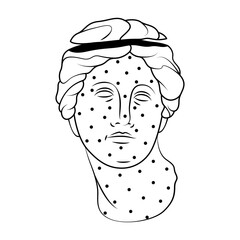 Vector woman statue head with dotted pattern. Element for Greek sculpture or ancient female portrait. Renaissance marble face or sliced monument portrait. Aphrodite symbol. Culture and mythology.