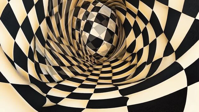 Abstract swirling checkerboard pattern in beige and black, creating a three-dimensional, vortex-like effect