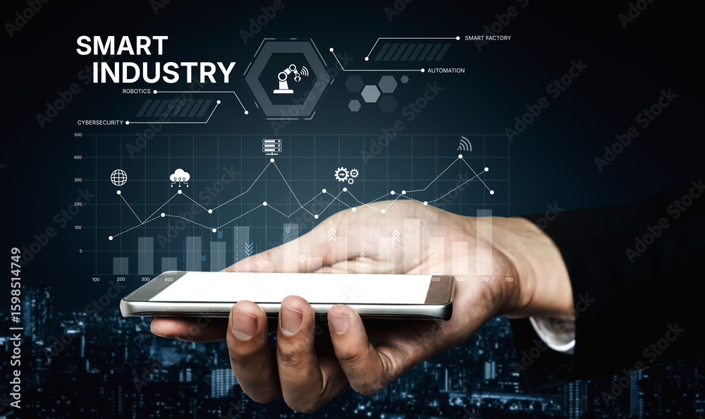 Poster smart industry dashboard combining automation, robotics, cloud integration, cybersecurity, and data 