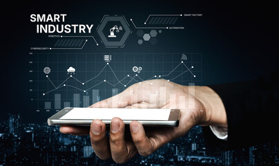 Smart industry dashboard combining automation, robotics, cloud integration, cybersecurity, and data...
