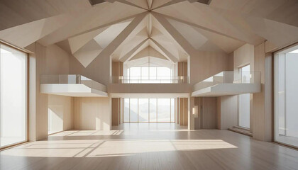 Fototapeta premium Origami-inspired duplex architecture, fold-like walls and ceilings, geometric symmetry, Japanese minimalism, 8K render
