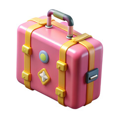 3d Cute pink cartoon suitcase with yellow straps and travel decorations isolated on transparent background