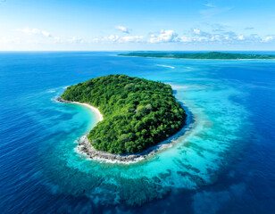 Aerial view of a lonely tropical island with lush green trees and azure water around sandy beaches during the day under bright sunlight