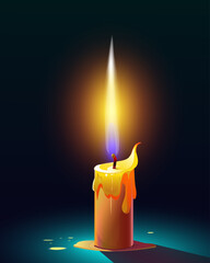 Realistic glowing candle with melting wax in a dark, atmospheric setting. Ideal for video games, Halloween graphics or creepy digital scenes.