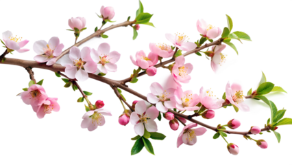 A delicate branch of pink cherry blossoms is captured in full bloom against a clean transparent background symbolizing the arrival of spring