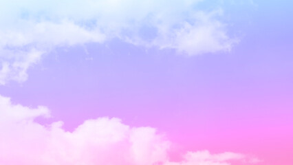 Purple pink blue sky with white cloud. Pastel colour backdrop of sunset sky. Beautiful nature. Summer color backgrounds concept. Copy space is on the right.