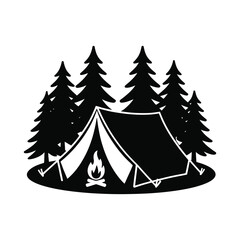 Obraz premium Camping tent and campfire silhouette in forest isolated on white background