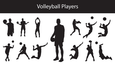 Silhouettes of Male Volleyball Players in Action and Static Poses Holding and Playing with Ball on White Background

