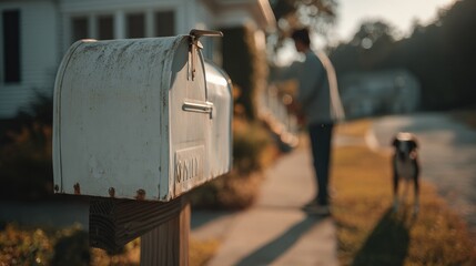 Rustic mailbox rural setting dog man walking