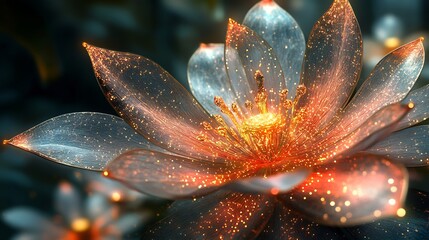 Technobiological bloom, cyberflora petals glowing with electric pulse, organic geometry in fractal arrangement