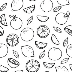 Fruit seamless vector pattern with Lemons, Oranges, Apples and Peaches. Exotic fruits drawing in Doodle style. For packaging paper, textile prints, wallpaper, summer designs.
