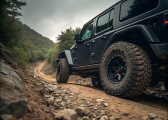 Off-Road Vehicle Driving Along a Rugged Trail in Nature
