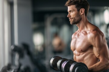 Shirtless man lifting dumbbells in a gym.