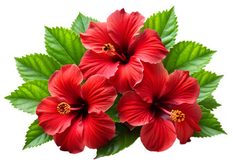 Three vibrant red hibiscus flowers with lush green leaves are artfully arranged against a clean transparent background