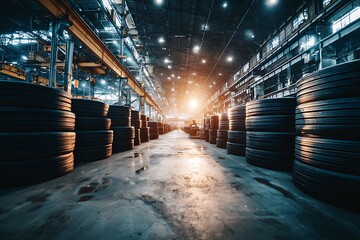 Obraz premium stack of brand new tyres in a factory 