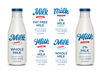 Set of vector milk labels. Milk glass bottles with labels