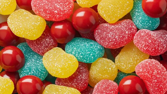 Colorful assortment of mixed hard candies in a vibrant and sugary pattern, perfect for backgrounds