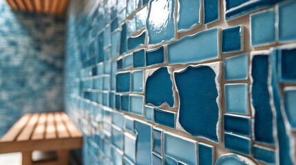 Blue Mosaic Tiles Wall with Wooden Bench for Interior Design
