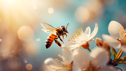 Fototapeta premium Buzzing Beauty: A close-up view of a honeybee gracefully navigating towards a delicate white flower, a radiant dance in the sunlit garden.