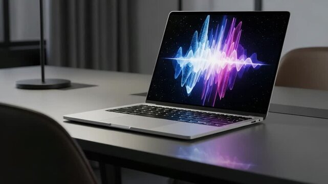 Laptop computer technology device digital screen workspace office desk modern design waveform
