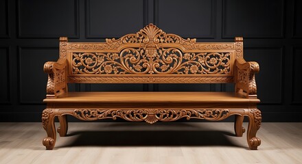 Ornate antique wooden bench with intricate carvings
