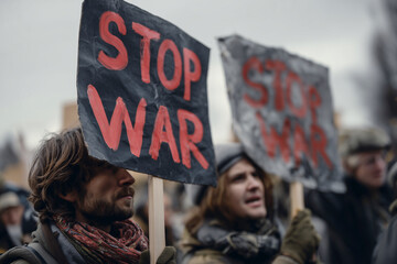 Two people holding signs that say "Stop War"