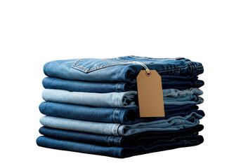 A stack of folded blue denim jeans with a blank wooden tag isolated on transparent background